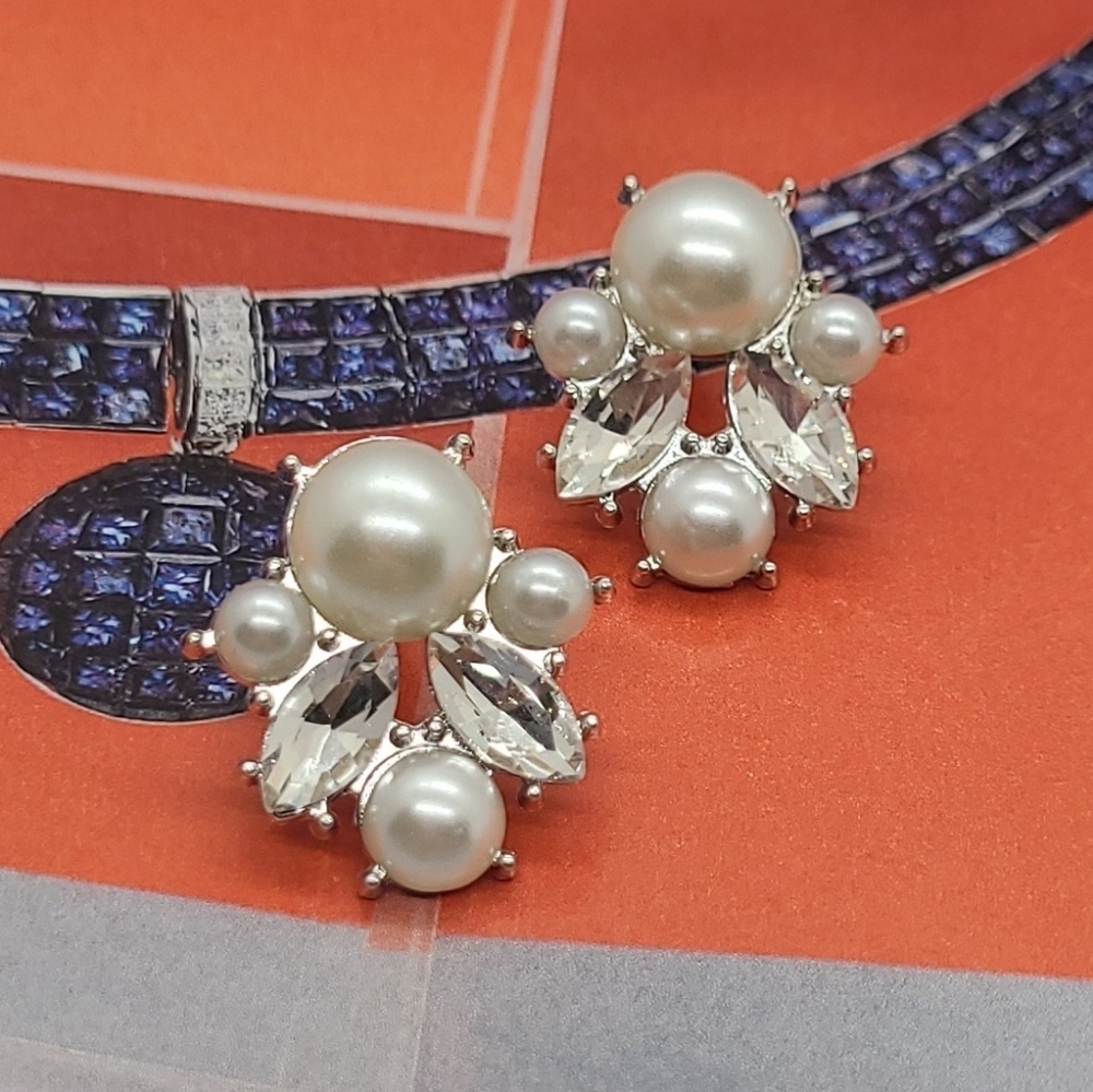 Vintage Art Deco Crystal Pearl Silver Earrings